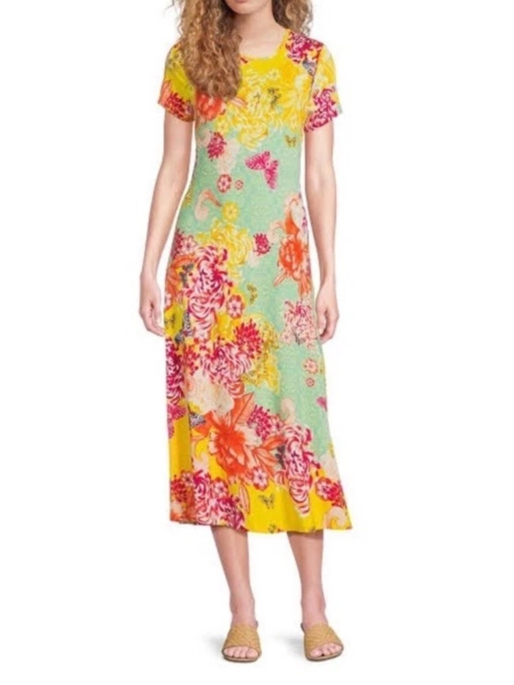 Johnny Was The Janie Favorite Cap Sleeve Midi Dress Charlie Floral Yellow Small